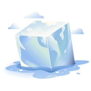 A large block of transparent ice is positioned in the center of the image, with glistening surfaces reflecting light. The edges of the ice are starting to show signs of melting, with droplets of water trickling down its sides. Beneath the ice, a shiny puddle of water is forming, spreading out on a light-colored surface. The sunlight is casting soft shadows around the block, and small glimmers of light dance across the puddle's surface. In the background, there are hints of a blue sky with a few fluffy white clouds.