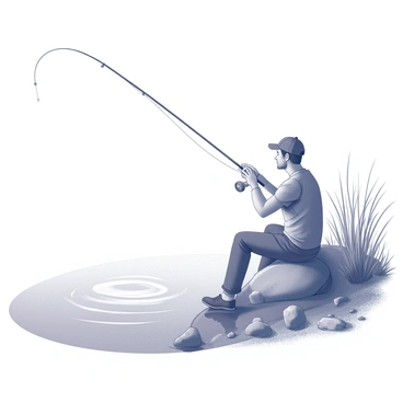 An angler is sitting on the edge of a tranquil lake. He has a fishing rod in hand, his focus intently directed towards the fishing line that stretches out over the water's surface. Surrounding him are tall grass and a few scattered stones, creating a natural frame for the scene. In the background, gentle ripples are visible on the lake, reflecting the calm atmosphere. The angler is dressed in comfortable outdoor clothing, with a cap shielding his eyes from the sun.