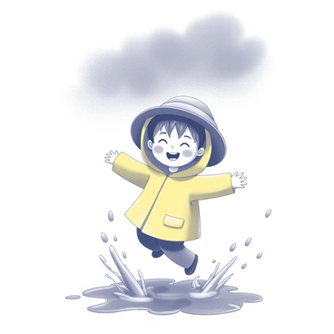 A child with a large, floppy hat is joyfully splashing through puddles on a rainy day. The child is wearing a bright, waterproof raincoat that is slightly oversized. Water droplets are flying around as the child jumps into a puddle, creating ripples and small splashes. The ground is wet, reflecting the scene of the rainstorm. The sky above is covered in dark clouds, indicating a heavy downpour. The child's expression is one of delight and excitement as they play in the rain.