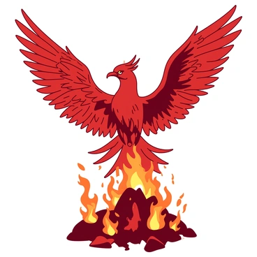 A red phoenix bird is rising majestically from a bed of orange fiery ashes. The wings of the bird are outstretched, displaying intricate feather details that blend seamlessly into the flames. The background is filled with swirling orange and red embers, illuminating the scene as the phoenix ascends. Its eyes are bright and fierce, reflecting the intensity of the fire below. The feathers are highlighted by the glow of the flames, creating a striking contrast as it rises into the air.