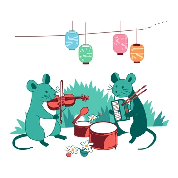 A teal group of mice is gathered in a small outdoor concert setting. Each mouse is playing a different instrument; one mouse with a small red violin, another with a tiny blue accordion, and a third mouse is holding a miniature orange drumsticks while seated at a red drum. The background contains a few green blades of grass and a couple of white daisies, enhancing the playful atmosphere. Above the mice, there are colorful paper lanterns hanging from a thin string, adding to the festive mood of the scene.