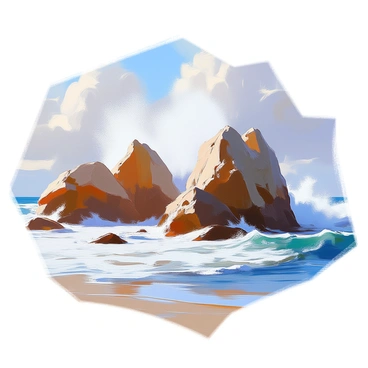 A rugged shoreline features large, jagged rocks that rise dramatically from the sea. The ocean waves crash forcefully against the rocks, creating a fine mist that rises into the air. The water is a deep blue, with white foam cascading over the edges of the rocks. In the distance, the horizon meets the sky, which is partly cloudy with hints of sunlight breaking through. The scene captures the dynamic movement of the waves and the rough texture of the rocky coastline.