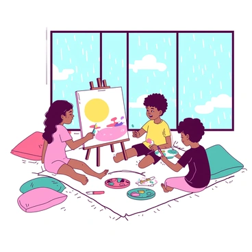 A group of three children is sitting on a large white rug in a cozy indoor space on a rainy day. One child is focused on painting a bright yellow sun on a canvas, while another child is drawing colorful shapes with crayons on a piece of white paper. The third child is busy mixing vibrant colors in a small teal paint palette. Behind them, large windows show raindrops cascading down the glass, creating a cozy atmosphere. Soft, colorful cushions are scattered around, adding comfort to the scene. A small table nearby holds an assortment of art supplies, including brushes and more crayons, enhancing the creative environment.
