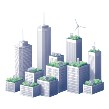 A city skyline with a variety of tall buildings, each showcasing unique architectural designs. The rooftops of these buildings are adorned with lush, vibrant green plants and gardens, illustrating a commitment to urban energy conservation. Some buildings feature solar panels integrated into their green roofs, while others display wind turbines. The skyline is set against a clear, expansive sky, emphasizing the modernity and sustainability of the urban environment.