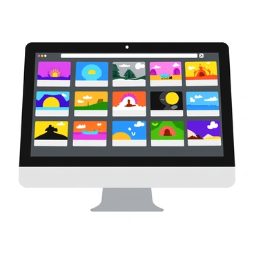 A computer screen displaying a collection of colorful video thumbnails. Each thumbnail features vibrant images and bold text that capture attention. The layout is organized in a grid pattern, with varying sizes and orientations. Some thumbnails showcase bright landscapes, while others highlight action-packed scenes from different genres. The screen is surrounded by a sleek black frame and sits on a modern desk.