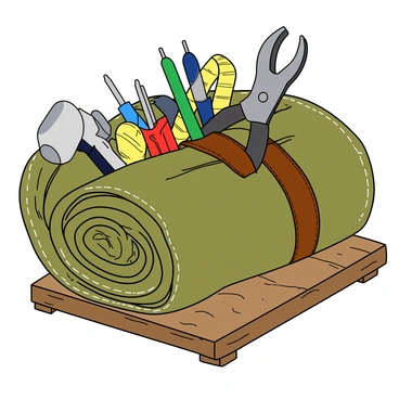 A handyman's bundle of tools rolled up in a canvas