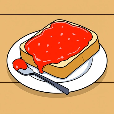 A slice of bread generously spread with strawberry jam