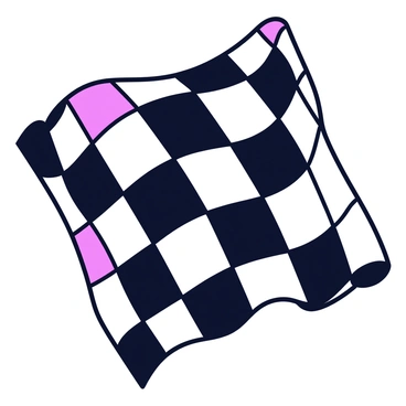 A classic black and white checkerboard pattern with squares alternating in color. The pattern is distorted to create a wavy illusion, with the squares bending and curving as if they are flowing. Each square maintains its distinctive color, but the overall design gives a sense of movement and dynamism. The background is plain to highlight the checkerboard pattern.
