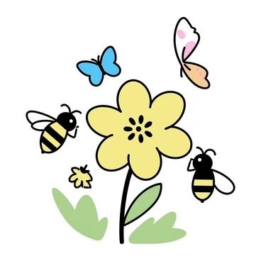 A large blossom in full bloom, with vibrant petals and a central cluster of yellow stamens. Several bees, with distinct black and yellow stripes, are gathering nectar from the flower. Nearby, colorful butterflies flutter around, their wings displaying patterns of orange, blue, and white. The scene includes a soft green background, with hints of blurred leaves and distant flowers, providing a tranquil setting for the interaction between the bees and butterflies. The overall composition emphasizes the harmonious coexistence of these pollinators around the blossom.