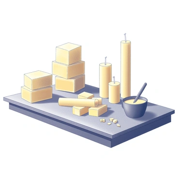 A beeswax candle making station is set up on a wooden table. The station features several blocks of beeswax stacked neatly, showing their natural texture and honeycomb pattern. There are multiple rolled beeswax candles placed prominently, showcasing their cylindrical shape and the intricate details of the rolled layers. Tools for candle making, such as a melting pot and wick holders, are arranged nearby. The lighting casts soft shadows, highlighting the warm and inviting atmosphere of the workspace.