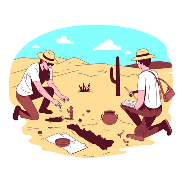 A group of archaeologists, wearing sun hats and protective sunglasses, is engaged in an excavation site in a vast desert. They are carefully brushing off sand from various ancient artifacts, including a ceramic pot and a bronze figurine. The sun casts sharp shadows on the golden sand, and a few cacti are scattered in the background. One archaeologist is kneeling beside a small excavation trench, while another is documenting the findings with a notebook. A blue sky with a few fluffy white clouds stretches above them.