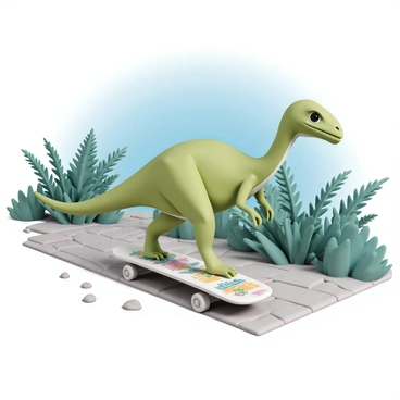 A dinosaur, specifically a bright green Velociraptor, is skillfully riding a skateboard. The dinosaur is balancing on the board with its tail extended for stability. It has a focused expression, with its eyes narrowed and mouth slightly open. The skateboard is a classic design with colorful graphics on the underside. The prehistoric sidewalk is made of rugged stone, and in the background, there are tall ferns and other prehistoric plants, creating a lush environment. The ground is uneven, with small rocks scattered around, and the sky above is clear blue, allowing sunlight to illuminate the scene.