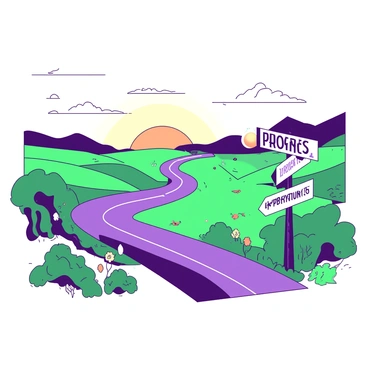 A winding road stretches through a vibrant landscape, leading toward a distant horizon that fades into the sky. On either side of the road, lush green fields and colorful flowers bloom, adding life to the scene. Along the road, various signs indicate "progress" and "opportunity," with arrows pointing forward. The sun hangs low in the sky, casting long shadows and illuminating the path ahead. The overall atmosphere suggests a journey filled with promise and potential.