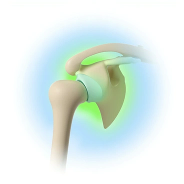 A detailed anatomical illustration of a shoulder joint highlighting the rotator cuff area. Surrounding the rotator cuff is a luminous glow, represented by soft blue and green hues, suggesting the presence of healing energy. The rotator cuff itself is depicted with clear labeling of muscles and tendons, showcasing their structure. The background is a subtle gradient that emphasizes the central focus on the shoulder joint and the healing energy, creating a sense of vitality and recovery.
