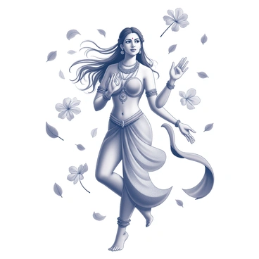 A depiction of "Goddess Lakshmi" standing gracefully, with one leg slightly raised. She is adorned with intricate jewelry, including necklaces and bracelets. Her long hair flows elegantly as if caught in motion. Surrounding her are "swirling winds" that carry an assortment of "leaves" and "flowers," creating a dynamic and lively atmosphere. The "leaves" are of various shapes and sizes, while the "flowers" are vibrant and diverse, adding to the overall scene. The rich details highlight her divine presence amidst the movement of nature.
