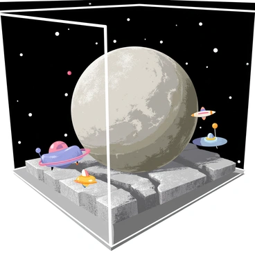 A diorama featuring the planet "Mercury" with a textured, gray surface representing its craters. The craters are detailed, varying in size and depth, with some showing darker shades to indicate shadow. Small models of "miniature spacecraft" are positioned around the surface of Mercury, showcasing different designs and colors. The overall scene is enclosed in a clear display case, with a textured base that mimics the rocky terrain of the planet. The background includes a dark space environment with small white dots representing distant stars.
