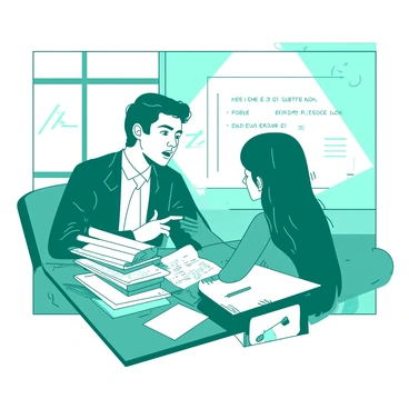 A teal teacher is sitting at a desk, leaning slightly toward a student. The student, depicted with focused eyes, is looking up while holding a pile of white study notes in their hands. The desk is covered with scattered papers and a few colorful pens. In the background, a whiteboard is visible, filled with notes and diagrams relevant to the exam. The teacher gestures with a hand, pointing at a specific note, while the student listens attentively. Sunlight streams through a nearby window, adding a warm ambiance to the scene.