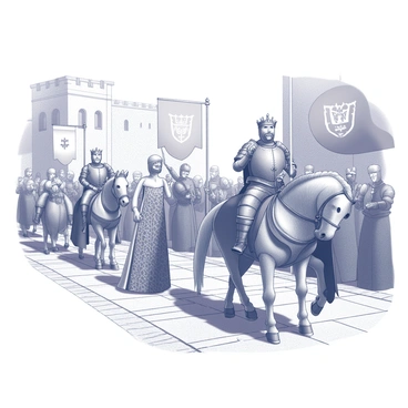 A medieval king dressed in ornate armor, complete with a detailed crown, rides a majestic horse. Beside him, a queen in an elaborate gown adorned with intricate patterns walks gracefully. She holds a jeweled scepter in one hand and waves to the townspeople. The royal procession is surrounded by knights in shining armor and banners displaying the royal crest. Onlookers gather along the cobblestone streets, some bowing while others cheer. Stone buildings line the path, with colorful flags hanging from their balconies. The atmosphere is filled with excitement and grandeur as the procession moves through the town.