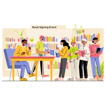 An author sitting at a wooden signing table in a librairie. The author is smiling and wearing glasses, with a stack of books in front of them. A line of excited readers is forming, each holding a book to be signed. The readers are of various ages and backgrounds, all displaying expressions of anticipation. The walls of the librairie are lined with colorful bookshelves filled with books. A small banner overhead reads "Book Signing Event." There are a few potted plants in the background, adding a touch of greenery to the scene.