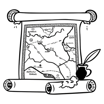 An ancient scroll unfurled on a wooden surface, revealing intricate details of a map depicting the Persian Empire. The map features delicately drawn borders and various landscapes, including mountains, rivers, and city locations. Symbols representing important cities and trade routes are scattered across the parchment. The scroll's edges are frayed, and there are visible age marks and intricate patterns surrounding the map design. A quill and an ink pot are placed beside the scroll, hinting at the historical context of its creation.