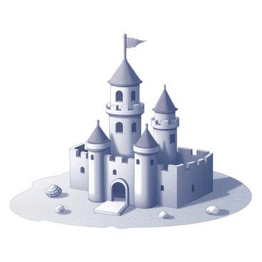 A sandcastle situated on a beach, surrounded by fine grains of sand. The castle features tall towers and elaborate walls with intricate details, such as windows and doors made from shells and driftwood. At the peak of one of the towers, there is a "heart-shaped flag" fluttering in the breeze. The beach background includes gentle waves lapping at the shore and some scattered seashells in the sand nearby.