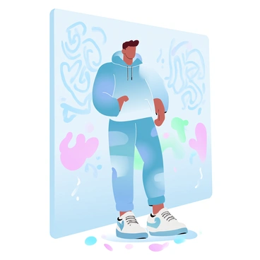 A young person wearing trendy streetwear is standing confidently against a graffiti-covered wall. The individual is dressed in a vibrant oversized hoodie and stylish joggers with a mix of colors and patterns. One hand is casually tucked into a pocket while the other is resting by their side. The graffiti on the wall features bright, bold designs and intricate patterns that add energy to the scene. The ground is sprinkled with colorful paint splatters and the overall atmosphere conveys an urban, youthful vibe.