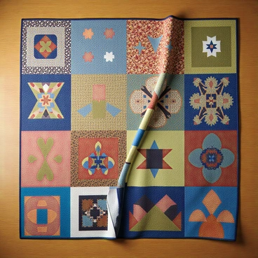 A quilt composed of various cultural patterns and motifs intricately sewn together. Each section features distinct designs representing different cultures, such as geometric shapes, floral patterns, and traditional symbols. The colors are vibrant and varied, creating a harmonious blend of hues. The quilt is folded slightly, showcasing the textures of the fabrics used, which include cotton, silk, and wool. It is laid out on a wooden surface, with a subtle light casting soft shadows on the intricate stitching that holds the patterns together.