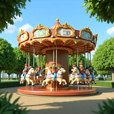 A carousel spinning in a vibrant park, featuring seats made of various global banknotes. The banknotes are intricately arranged, showcasing different colors and designs from around the world. The carousel is made of polished wood with ornate carvings and bright lights that shine as it spins. Lush green trees surround the carousel, and children are joyfully riding the unique seats, smiling and laughing. The sky is clear blue with a few fluffy white clouds drifting by. The scene captures the playful and whimsical atmosphere of the park.