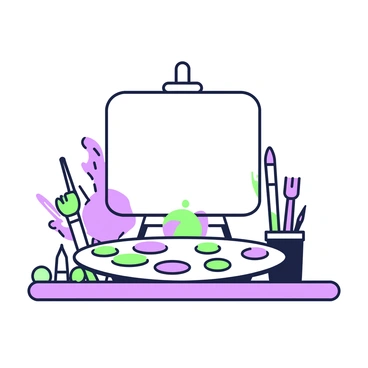 An artist's palette is placed on a wooden table. The palette is a traditional oval shape, featuring several wells filled with paint. Each well contains evenly distributed amounts of paint in various vibrant colors. The paint looks glossy and fresh, reflecting light. Surrounding the palette are paintbrushes of different sizes, resting against the edge of the palette. In the background, a blank canvas is positioned on an easel, ready for the artist to create.