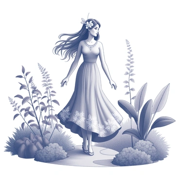 A goddess-like figure stands gracefully in a lush garden. She has flowing hair adorned with delicate flowers and leaves, emphasizing her connection to nature. Her flowing dress is intricately designed, incorporating detailed plant motifs that reflect the surrounding flora. Various plants and flowers in the garden create an enchanting environment, with vines creeping along pathways and large leaves framing her figure. The scene is filled with abundant greenery, highlighting her role as a protector of this thriving ecosystem.