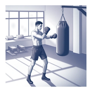 A determined boxer is practicing on a heavy punching bag. The boxer is wearing black shorts and gloves, showcasing a focused expression while throwing strong punches. The heavy bag is securely fastened to the ceiling, swinging slightly with each impact. The gym features various training equipment in the background, including weights and exercise mats. Sunlight streams in through large windows, illuminating the scene and casting dynamic shadows across the gym floor. The atmosphere conveys a sense of intensity and commitment to training.