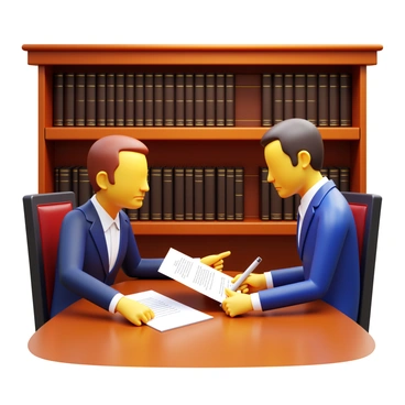A lawyer in a formal suit sitting at a polished wooden table with a client across from them. The lawyer is pointing to a legal document, indicating important details. The client, looking engaged, is holding a pen ready to take notes. Behind them, a bookshelf filled with various legal books in dark leather bindings is visible, creating an academic atmosphere. A warm light is illuminating the scene, highlighting the expressions of both individuals as they discuss the acquisition details.