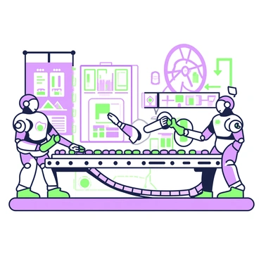 A futuristic factory interior features robots actively assembling pills on an assembly line. The robots have sleek, metallic bodies with articulated arms that delicately handle the pills. The pills are arranged in neat rows, showcasing various shapes and sizes. Bright lights illuminate the factory, casting sharp shadows across the workspace. In the background, large screens display data and monitoring graphs related to production. Various mechanisms and conveyor belts enhance the industrial atmosphere. A safety zone is marked with green and purple lines on the floor.