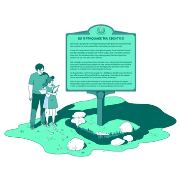 A teal historical marker stands prominently at the site of a significant earthquake epicenter. The marker is adorned with detailed information about the earthquake's impact, including statistics and historical context. A small group of diverse visitors, including an adult man and a young girl, are reading the text on the marker with interest. Nearby, a few rocks and scattered debris hint at the geological changes caused by the earthquake. The surrounding landscape features a mix of green grass and intermittent patches of brown earth, emphasizing the natural environment affected by the seismic event.
