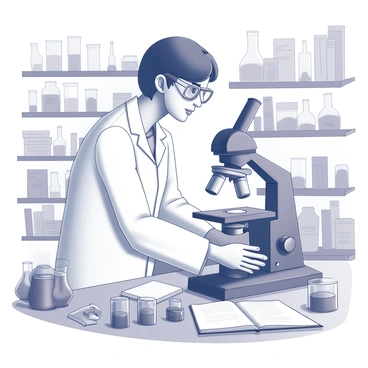 A scientist stands in a laboratory filled with various scientific equipment and glassware. The scientist is wearing a white lab coat and safety goggles, with short, dark hair. They are leaning slightly forward, peering intently into a microscope placed on a cluttered workbench. The microscope is detailed, showcasing intricate components. Surrounding the scientist are several beakers and test tubes filled with various substances, and a notebook lies open beside them. The background features shelves filled with books and scientific materials, creating an active research atmosphere.