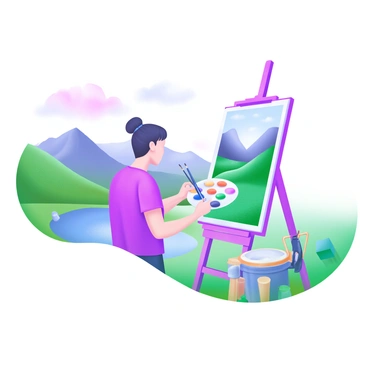 A watercolor artist stands in front of an easel, diligently working on a landscape painting of the Scottish Highlands. The scene includes rolling green hills, majestic mountains in the background, and a tranquil loch reflecting the sky. The artist has a palette filled with vibrant colors and a set of brushes in hand. Surrounding the artist are various art supplies, and the sky above is partly cloudy with soft pastel hues.