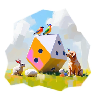 A giant six-sided die stands upright in a lush green grassy field. The die is painted in bright colors, with each face displaying large, bold dots indicating the numbers. Surrounding the die are various curious animals, including a small brown rabbit with long ears, a fluffy white sheep grazing nearby, and a playful golden retriever sitting attentively. A few colorful birds perch on the die, tilting their heads as they observe their unusual companion. The sky above is clear with a few fluffy clouds drifting by.