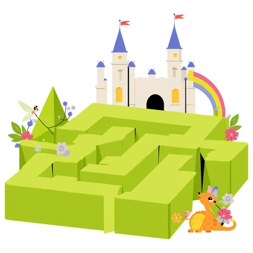 A maze composed of tall, green hedges is situated in the courtyard of an enchanted castle. The hedges are neatly trimmed and shaped into intricate paths. Around the maze, colorful flowers bloom, adding vibrant hues to the scene. In the foreground, a small, whimsical fairy with translucent wings flits above the maze. Nearby, a friendly dragon with bright scales watches curiously from behind a hedge. The castle in the background has tall towers with colorful flags fluttering in the breeze. A rainbow arches over the courtyard, enhancing the magical atmosphere.