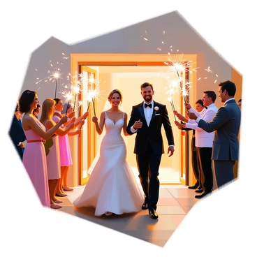 A wedding scene unfolds at night, featuring a couple joyfully exiting a reception venue. The couple is dressed in elegant wedding attire, with the bride in a white gown adorned with lace and the groom in a classic black tuxedo. Surrounding them are wedding guests, all holding sparklers that emit bright, sparkling lights. The guests are smiling and cheering, adding to the festive atmosphere. The background includes the entrance of the venue, illuminated softly, creating a warm glow amidst the night sky.