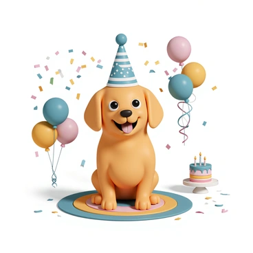 A cheerful dog, with a shiny golden coat and bright eyes, is sitting happily on a colorful mat. The dog is wearing a vibrant party hat adorned with stars and stripes. Surrounding the dog are an array of festive decorations, including brightly colored balloons, streamers in various shades, and a small cake with candles on a table nearby. The atmosphere is lively, with confetti scattered on the ground, creating a joyful celebration scene.