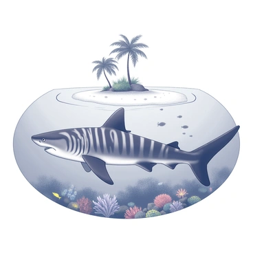 A tiger shark swims gracefully through the clear waters surrounding a small tropical island. The shark has distinctive dark stripes across its body, showcasing its powerful form. Beneath the surface, vibrant coral reefs and various fish species can be seen, adding life to the underwater scene. The small island is framed by white sandy beaches, with palm trees swaying gently in the breeze. The ocean floor is partially visible, with patches of sand and rocky formations. This scene captures the natural habitat and behavior of the tiger shark as it patrols its territory.