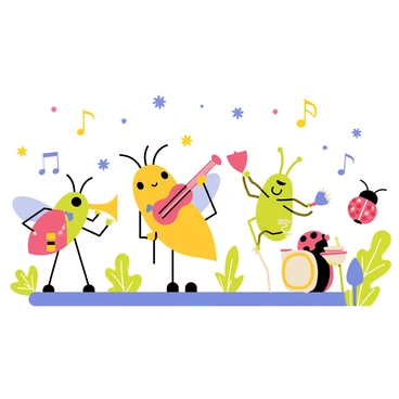 A small fly holding a tiny violin with a focused expression. It is positioned in the center of a miniature stage, surrounded by other insect musicians. To the fly's left, a beetle plays a small trumpet, and to its right, a grasshopper strums a tiny guitar. In the background, a ladybug can be seen tapping rhythmically on a miniature drum set. Each insect is wearing a small bow tie, and the stage is adorned with colorful flowers and leaves. The atmosphere shows an engaging performance, with musical notes illustrated around the musicians.