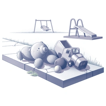 A pile of worn-out toys is scattered on a cracked sidewalk. The toys include a faded stuffed bear with frayed edges, a broken plastic truck with a missing wheel, and a deflated rubber ball. The sidewalk shows visible cracks, with patches of grass poking through in some areas. Nearby, a playground with a rusted swing set and a weathered slide is partially visible in the background, indicating a once vibrant play area.