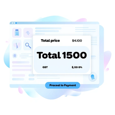 An online shopping checkout page is displayed prominently. The total price is shown in large text, with a clear breakdown beneath it. "GST" is highlighted in bold next to an increasing numerical value, indicating the amount being added. The background features subtle gradient pastel colors, enhancing the digital shopping atmosphere. Various product images and descriptions are visible, arranged neatly around the total price section. A "Proceed to Payment" button is positioned below, inviting action.