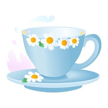 A porcelain teacup is sitting on a wooden table. The teacup is elegantly shaped, featuring a gently curved handle. Around its rim, there are beautifully painted daisies in white and yellow, showcasing intricate details of the petals and leaves. The surface of the teacup has a glossy finish, reflecting light subtly. Beside the teacup is a matching saucer, complementing its design. The background features a soft gradient of pastel colors, enhancing the delicate nature of the teacup.