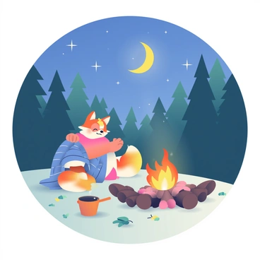 Ahri, a character with fox-like features, is sitting by a crackling campfire. The flames are casting a warm glow on her face as she enjoys the moment. She has nine fluffy tails, each one gently swaying in the night breeze. Surrounding her are tall pine trees silhouetted against a vast, starry sky filled with twinkling stars and a glowing crescent moon. The ground is covered with soft grass and a few scattered leaves. Beside her, a small pot hangs over the fire, suggesting she is brewing something warm. A cozy, blue blanket is draped around her shoulders, adding to the inviting atmosphere of the scene.