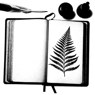 A vintage diary is open, revealing a page that showcases a detailed illustration of a fern. The fern has intricate leaf patterns, capturing the delicate nature of its fronds. The diary has aged pages with visible texture and subtle creases. The binding is worn, and the cover features ornate designs. The surrounding area includes a quill and an ink pot, suggesting an exploration of nature through written observations.