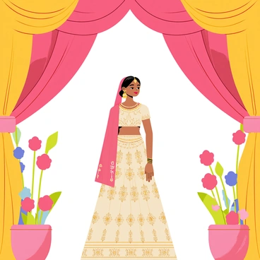 A close-up of a wedding mandap with ornate decorations in rich colors. The mandap features draped fabric in shades of red and gold, adorned with vibrant flowers. A modern Indian bride stands elegantly beneath the mandap, wearing intricate bridal attire that includes a detailed lehenga with shimmering embroidery and a matching dupatta draped over her head. Her jewelry is sparkling, including a statement necklace and earrings. The backdrop showcases beautifully arranged floral arrangements that enhance the celebratory atmosphere of the scene.