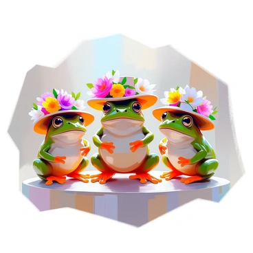 A group of frogs is modeling a collection of extravagant hats adorned with flowers, reminiscent of the early 1900s fashion. Each frog is standing proudly on a small stage, showcasing their unique hat designs. The hats feature an array of vibrant flowers, including roses, daisies, and lilies, intricately arranged around the brim and crown. The frogs have glossy green skin, and their eyes are bright and expressive, capturing the attention of onlookers. The scene is lively, with a soft focus on the detailed hats that highlight the elegance of the era.