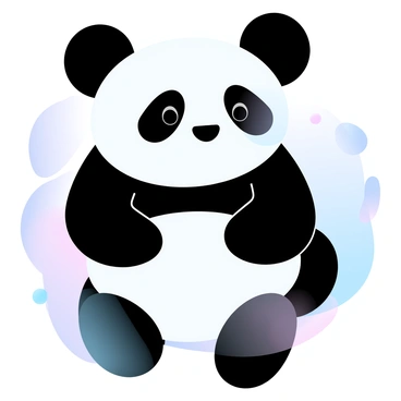 A panda is formed using simple geometric shapes, with a round body and large circular ears. The panda's body is primarily white, while the ears, limbs, and patches around the eyes are in bold black. The contrast between the black and white shapes emphasizes the panda's distinct features. The background is filled with soft gradient pastel colors, enhancing the visual appeal of the geometric panda.